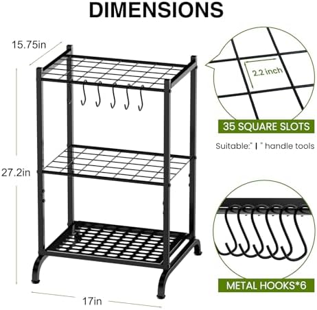 RANXFLOAT Garden Tool Organizer with Storage Hooks, Yard Tool Tower Rack for Garage Organization and Storage, Up to 35 Long-Handled Tools, Metal Tool Holder with 6 Hooks, Black