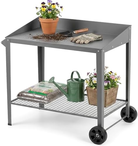 DDK Outdoor Metal Potting Bench with Wheels, Storage Shelf, Dark Gray
