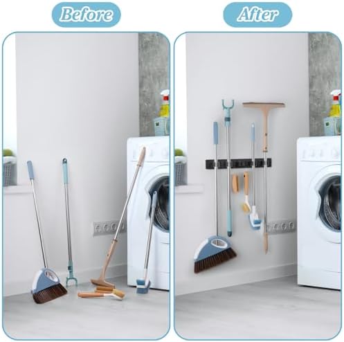 Black Broom Holder Wall Mount - Heavy Duty Wood Mop and Broom Organizer with 5 Slots & 4 Hooks - Sturdy Garden Tool Hanger for Laundry Room Closet Kitchen Garage Storage and Organization