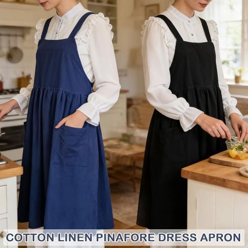 Cotton Linen Apron Cross Back Apron for Women with Pockets Pinafore Dress