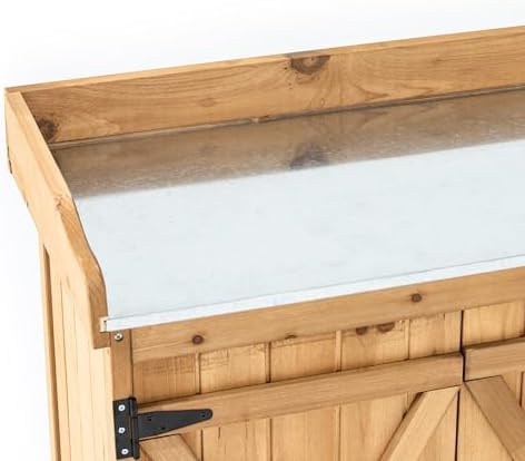 TAKUKA Outdoor Wooden Potting Bench with Wheel Double Doors & Metal Tabletop, Outside Storage Cabinet & Horticultural Planting Work Table for Garden Balcony Backyard