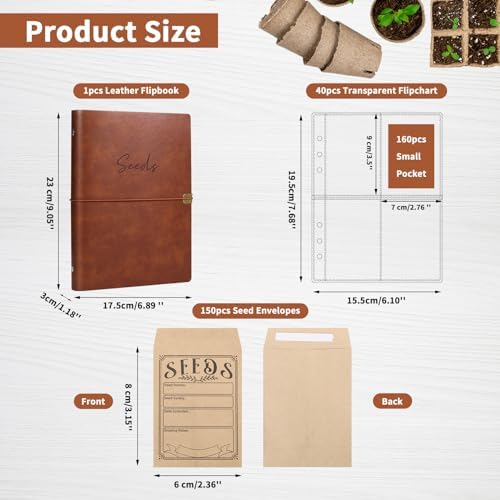 Garden Seed Storage Organizer Binder - 150 Resealable Seed Envelopes Brown Shell with 40 Sheet Protectors for Efficient Seed Packet Organization - Brown