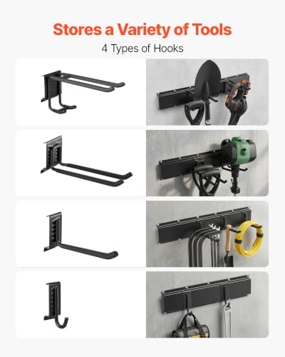 VEVOR Garage Tool Organizer 99 Inch 1200 lbs Wall Mount Garden Tool Rack, Heavy Duty Garage Hanging Storage Rack Organization with 6 Rails and 16 Adjustable Hooks, for Yard Tools, Shovel, Rake, Shed