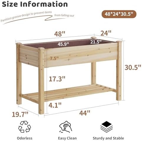 Raised Garden Bed with Legs Elevated Wooden Planter Box Stand Large Planter Stand Box for Fruits Vegetables Flowers with Divider with Bag - 48 * 24 * 30.5IN