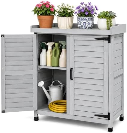 Outdoor Potting Bench with Storage Cabinet, Upgraded Wooden Garden Storage Cabinet with Metal Tabletop, Patio Cabinet for Garden Tools, Backyard, Deck and Outdoor Workstation (Grey)