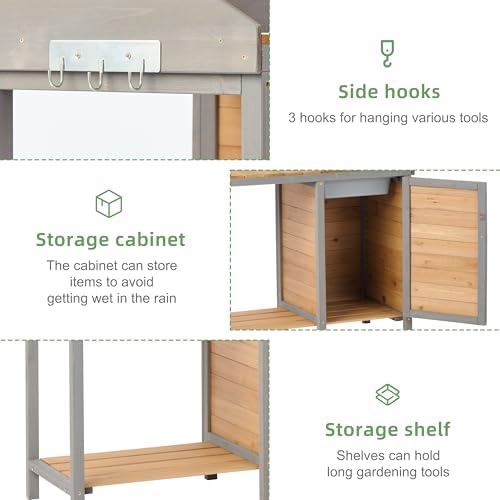 Outdoor Potting Bench with Sink, Wood Garden Workstation with Cabinet