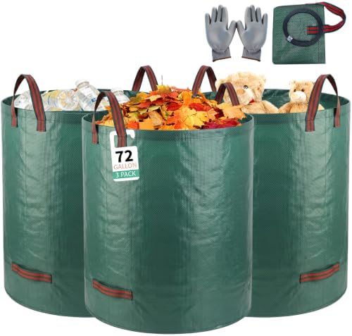 3Pack 72Gal Tear-Resistant Reusable Yard Waste Bags with Gloves