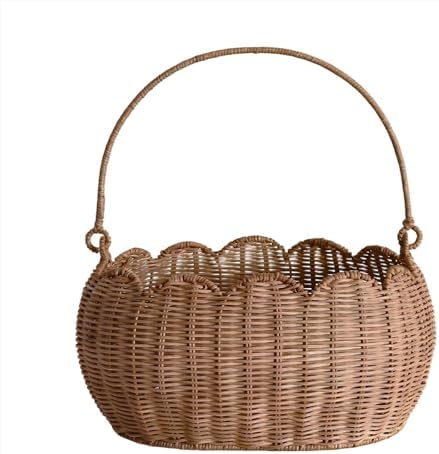 Scalloped Round Basket with Handle, Large Wicker Picnic Basket,Super Garden Harvest Basket for Gathering Vegetables Flowers Fruits, Hand Woven Basket for Shelves(Rattan(12.6 * 9 * 6.1))