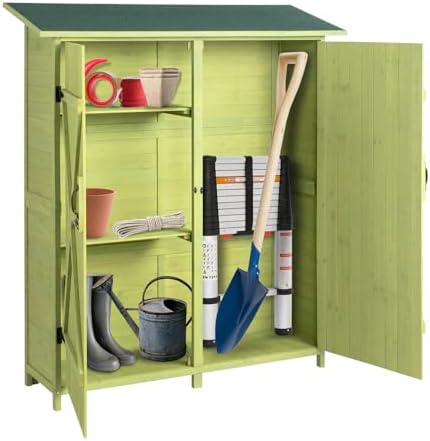 Outvita Outdoor Storage Cabinet with Waterproof Roof, Double Lockable Doors Garden Shed with 2 Removable Shelves, Wooden Storage Shed with Large Storage Space for Yard Garge Patio Deck Porch（Green）
