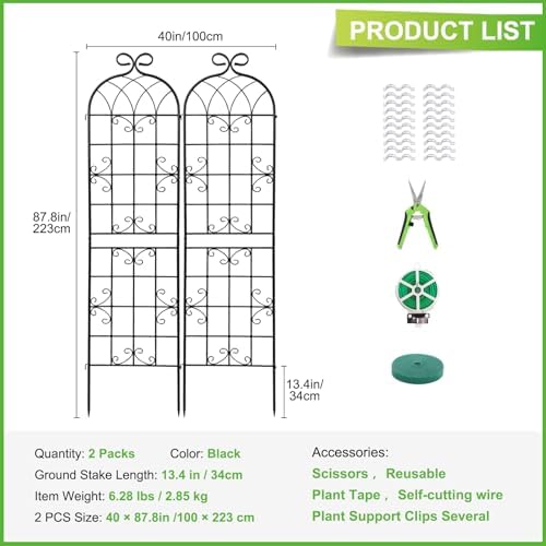 2 Pack 86.7" Black Metal Garden Trellis for Climbing Plants, Heavy Duty