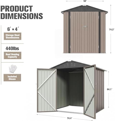 JUMMICO Metal Outdoor Storage Shed 8 x 6 FT Metal Shed with Lockable Door,Waterproof Garden Tool Shed Storage House for Backyard Patio Lawn,Brown