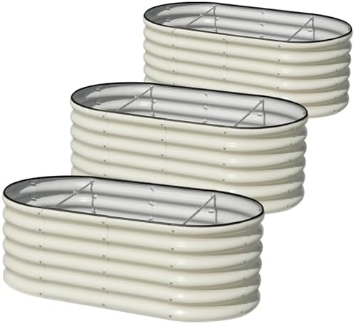 3 Pcs 4x2x1.5ft Raised Garden Bed Outdoor, 17" Tall Galvanized Metal Planter Box, Oval Raised Garden Bed Kit for Planting Vegetables Plants Fruits, Beige White