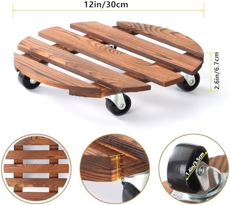 2 Pack 12" Plant Caddy with Wheels, Rolling Plant Stand 220 LB Heavy Duty Wooden Round Plant Dolly with Metal 360° Lockable Caster Wheels for Outdoor Indoor Large Plant Pots, Flower Pot, Patio