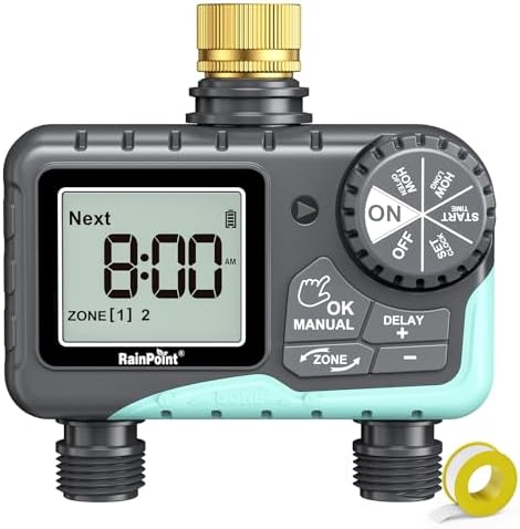RAINPOINT Sprinkler Timer 2 Outlet, Water Timer for Garden Hose, Programmable Drip Irrigation for Yard Outdoor Watering, Rain Delay/Manual/Automatic