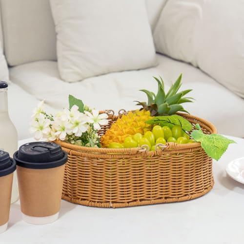 YRMT Small Rattan Basket with Handles, Handwoven Wicker Basket for Garden Harvest, Fruit Picking, Gift Basket, Storage Organizing 13"x9"x4.5" (Rattan)