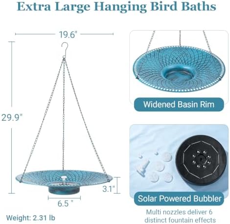 19.6" Large Hanging Bird Bath with Solar Fountain, LED & Battery Birdbath