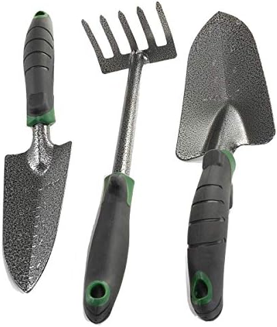 Edward Tools Garden Tool Set - Heavy Duty Carbon Steel Trowel, Transplanter, Hand Rake - 3 Piece Garden Tool Set with Bend-Proof Design - Ergo Rubber Grip Handles