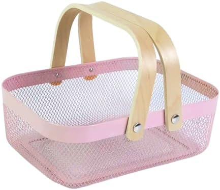 AJIODA Metal Mesh Steel Basket, Storage Organizer Basket Garden Harvest Basket Multi-functional Kitchen Fruit Baskets Bin with Wooden Handle for Bathroom Picnic Shopping Decor Cabinet Home, Pink