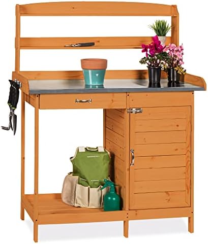 Best Choice Products Outdoor Garden Wooden Potting Bench Work Station w/Metal Table Top, Pre-Stained Finish, Cabinet, Sliding Drawer, Large Bottom Shelf - Brown