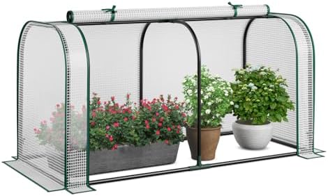 Mini Greenhouse, 47" x 22" x 24" Portable Greenhouse with Roll-Up Door, Ground Stakes, Metal Frame, Waterproof & Sun-Protective PE Cover, Small Green House for Outdoors & Indoors (White)