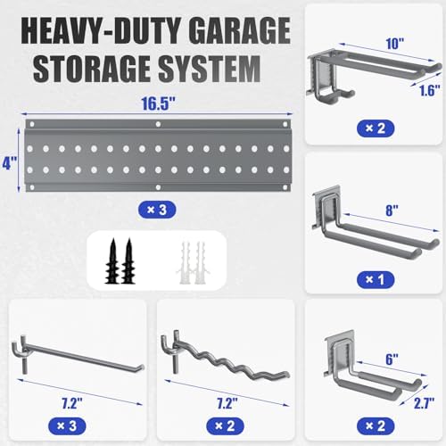 Garage Tool Organizer Wall Mount 49.5 inches with 10 Adjustable Heavy-Duty Hooks, Garage Organization, Garden Tool Storage Rack, Yard, and Shed, Holds Up to 400 lbs (Grey)