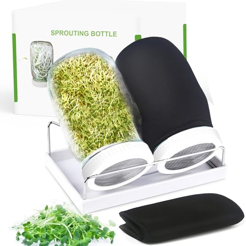 Organic Seed Sprouting Jar Kit – 2 × 32 oz Wide-Mouth Mason Jars with Stainless-Steel Sprouter Lids & Stand, Blackout Sleeves, Drain Tray – Grow Broccoli, Alfalfa & Bean Microgreens