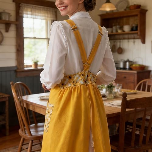 Cotton Linen Apron Cross Back Apron for Women with Pockets Pinafore Dress