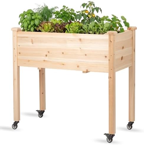 Raised Garden Bed with Lockable Wheels, 32x16x32 inch Elevated Wood Planter with Protective Liner for Vegetable Flower Herb Outdoor Balcony Patio Backyard, Natural