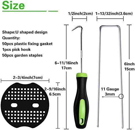 50Pcs Garden Stakes Staples + 50Pcs Gasket, Bakulyor 6 Inch Lawn Landscape Staples 11 Gauge U Shaped Galvanized Landscape Pins, Heavy Duty Yard Ground Pin for Weed Barrier Sod Fabric Decorations - 6"