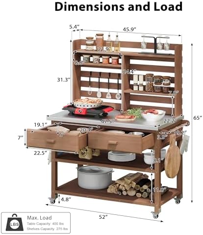 64.9" H Outdoor Potting Bench Table with Lockable Wheels, Solid Wood Outdoor Kitchen Island with Upper Hutch, Stainless Steel Top,Outdoor Storage for Grilling, Lawn Garden (Brown/F, 64.9")