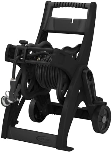 Garden Hose Reel Cart, Mobile Rolling Hose Storage, Gray, Heavy-Duty Resin, 175 ft Capacity, 7-inch Wheels, 24x20x32 inch (Black)