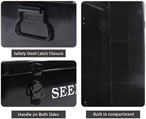 Seed Saving Box, Metal Seed Bin, Seed Storage Organizer, Seed Packet Container with Lid, Seed Envelope Storage Box, 4 Compartments Garden Seed Bin with Safety Locks-Black