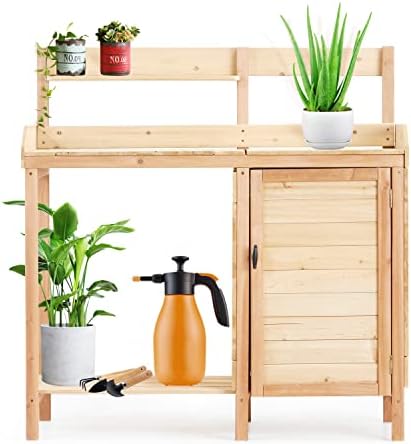 Outdoor Wooden Potting Bench Table with Sink, Garden Table Work Bench with Storage, Workstation for Outside Patio Lawn, Natural