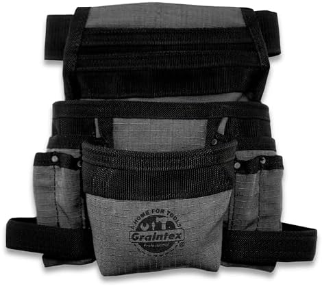 Graintex 10 Pocket Finisher Canvas Tool Pouch | Black | 2' Webbing Belt | Multipurpose Durable Canvas Tool Bag with Balt | Electrician Tools, Plumbers Carpenters, Garden Belt, DIY, Drywallers