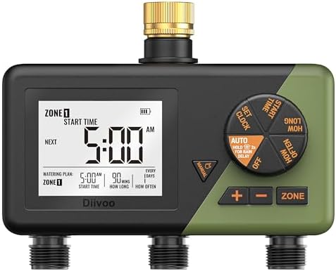 Diivoo Brass 3 Zone Sprinkler Timer, Programmable Hose Timers for Watering
