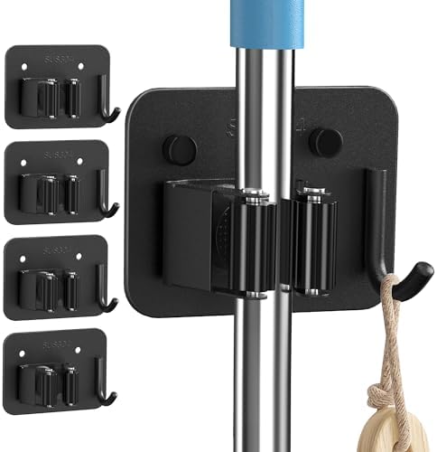 4 Pack Broom Holder Wall Mount, 304 Stainless Steel Mop Organizer with Hook