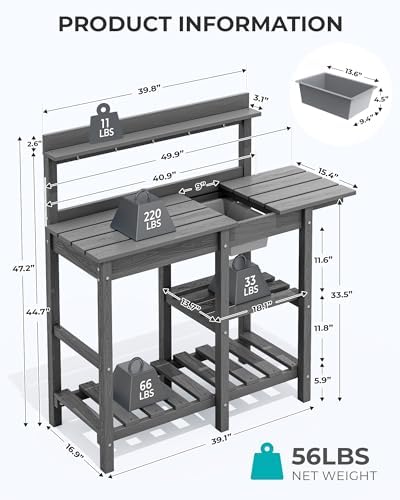 SERWALL Outdoor Potting Bench with Removable Sink,Gardening Table,Grey