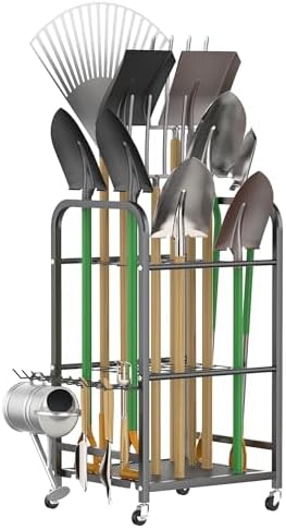 WALMANN Garden Tool Organizer with Wheels, Rakes/Shovels/Yard Tools Stand