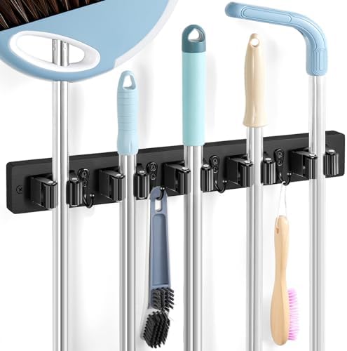 Black Broom Holder Wall Mount - Heavy Duty Wood Mop and Broom Organizer with 5 Slots & 4 Hooks - Sturdy Garden Tool Hanger for Laundry Room Closet Kitchen Garage Storage and Organization