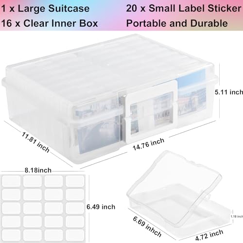 Photo Storage Box with 16 Inner 4" x 6" Photo Case, Portable Storage Organizer with Handle Craft Keeper for Picture, Stickers, Stamps, Screws, Hair Clips, Clear