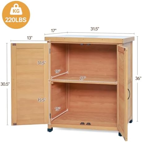 Potting Bench Outdoor Storage Cabinet with Waterproof Metal Top, Wooden Garden Work Station for Tools, Backyard Deck and Balcony Organizer, Outside Hutch, 36-Inch Tall Shed, Natural