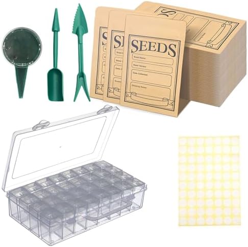 Algasan Complete Seed Storage Kit with 48 Grids Organizer Box, Seed Envelopes, Garden Tools & Labels, Seed Saving Supplies for Gardeners, Seed Packet Organizer for Vegetable, Flower, Herb Seeds (32)