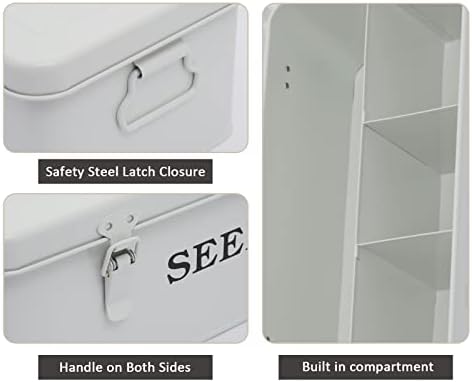 Seed Saving Box, Metal Seed Bin, Seed Storage Organizer, Seed Packet Container with Lid, Seed Envelope Storage Box, 4 Compartments Garden Seed Bin with Safety Locks-White