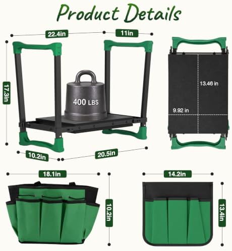 Foldable Garden Kneeler and Seat, 400 lb Capacity, 2 Tool Pouches