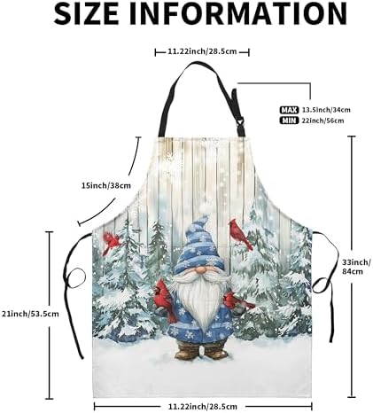 Blue Christmas Gnome Apron Gnome Cardinal Birds Kitchen Apron Winter Aprons with Adjustable Strap Snowy Trees Snowflakes Aprons with Two Pockets for Cooking Baking Crafting Painting