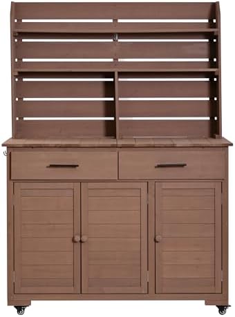 Multifunctional 3-in-1 Potting Bench Workstation with Storage & Wheels | Sturdy Fir Wood | Outdoor Garden, Patio, BBQ Prep Station (Brown-W)