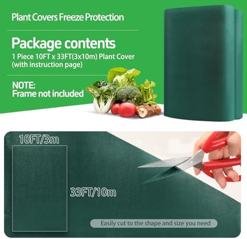 Plant Covers Freeze Protection, 10x33ft Green Frost Blanket for Winter, 1.23 oz/yd² Fabric, Premium Frost Protection Cover, Breathable Garden Row Covers for Outdoor Plants