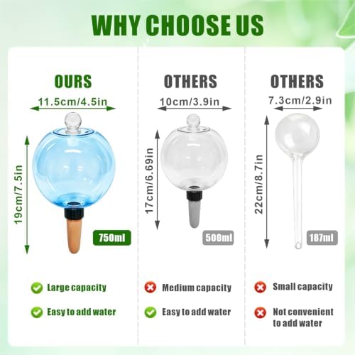 6 Pack 26oz Extra Large Self Watering Globes with 2 Brushes, Blue
