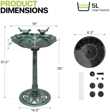 Magshion 31.5" Bird Bath with Solar Fountain for Outside, Green