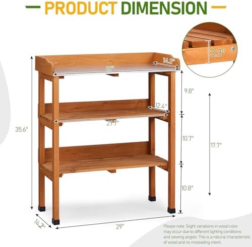 Outdoor Garden Potting Bench Table Work Bench with 2-Tier Storage Shelf, Metal Tabletop, 3 Hooks for Horticulture, Natural Wood